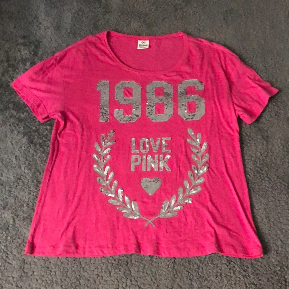 Sequined love pink short sleeve top